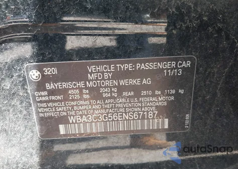 2014 BMW 320I xDrive from USA, damaged, VIN WBA3C3G56ENS67187